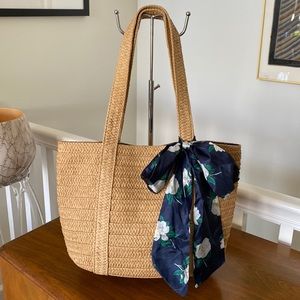 Draper James Tan Shoulder Bag with Navy Floral Scarf